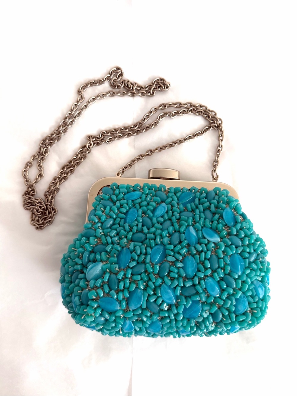 Banana Republic Turquoise Vintage Beaded Teardrop Evening Clutch w/Chain Strap
